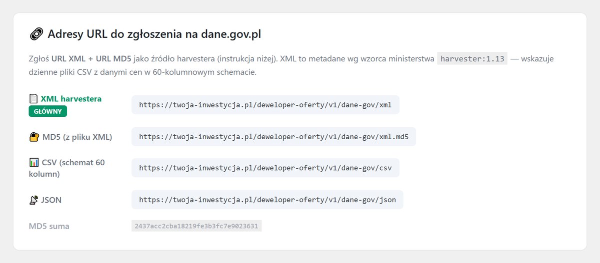 Panel Joomli, strona dane.gov.pl: adresy XML harvestera, MD5, CSV i JSON pod /deweloper-oferty/v1/dane-gov/