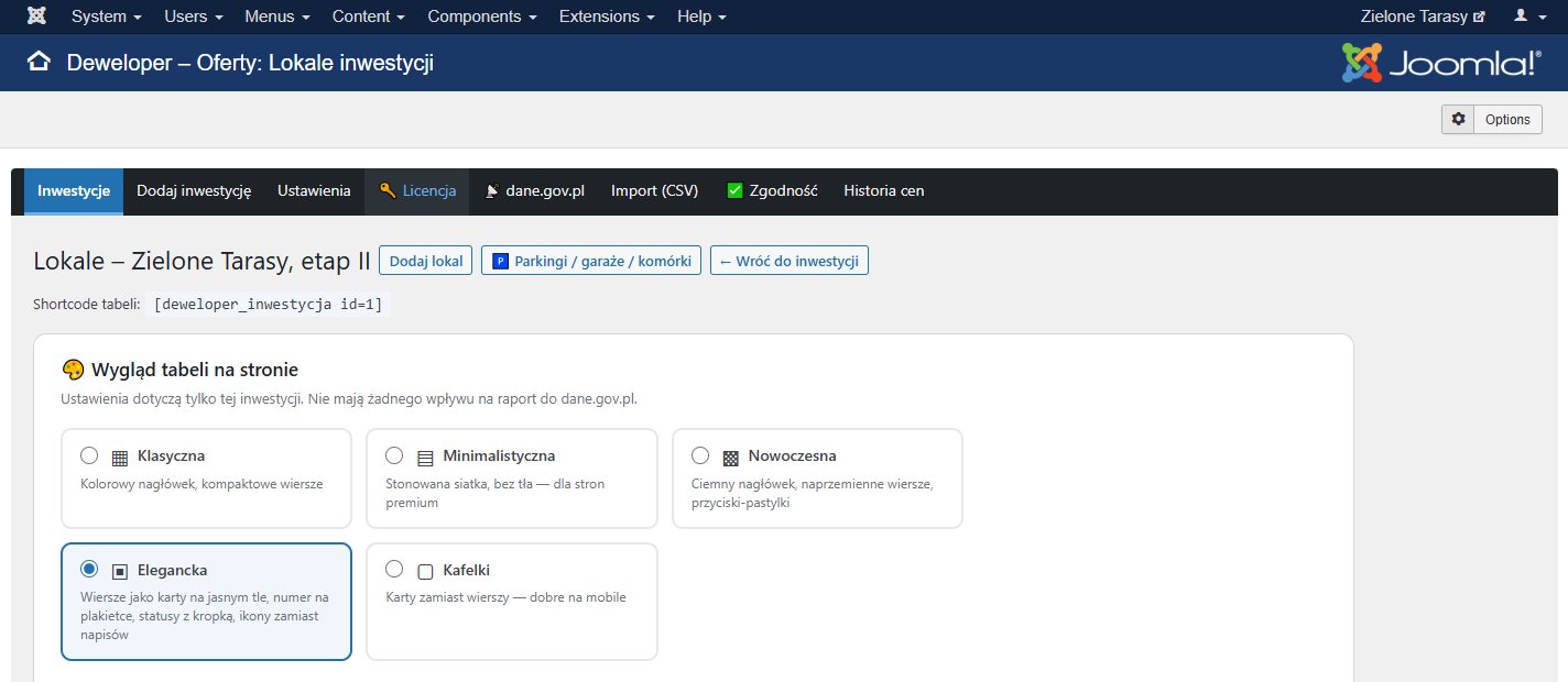 Panel Joomli 3.10: komponent Deweloper – Oferty z paskiem stron (Inwestycje, Ustawienia, Licencja, dane.gov.pl, Import, Zgodność, Historia cen) i wyborem wyglądu tabeli