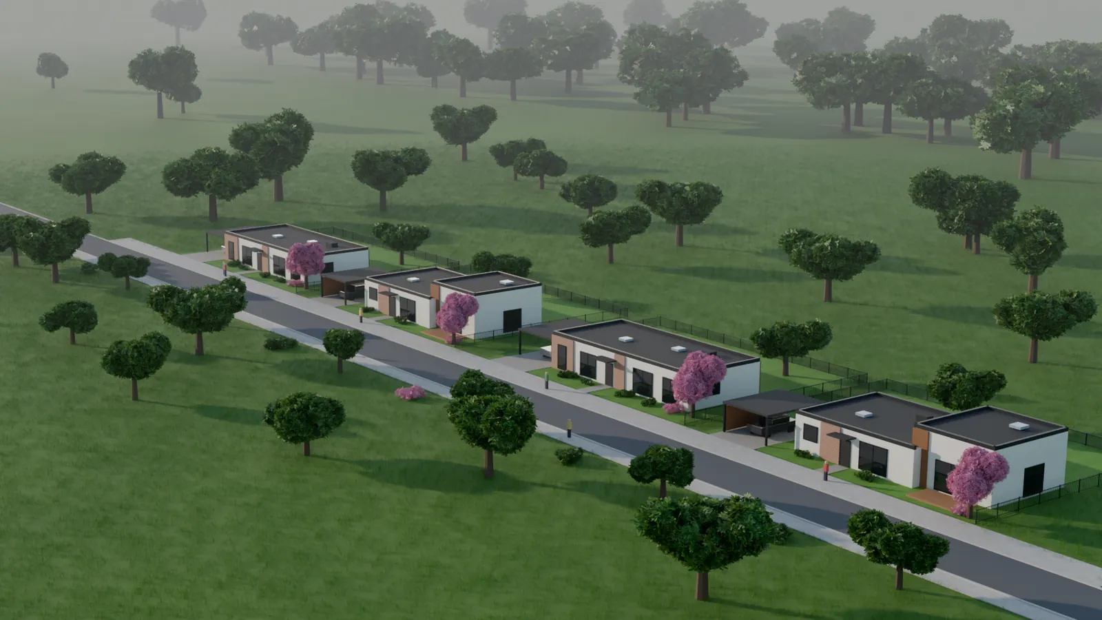Fotorealistyczny render osiedla czterech domów parterowych z lotu ptaka, przy drodze osiedlowej, wśród łąki i drzew