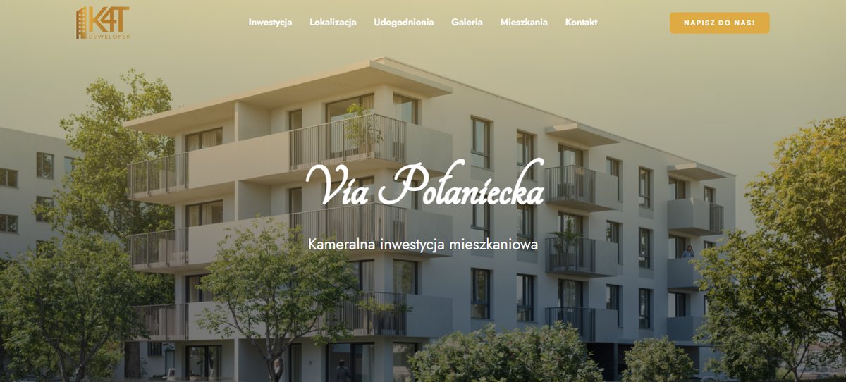 Strona inwestycji Via Połaniecka w Chełmie – nagłówek z wizualizacją budynku i menu inwestycji