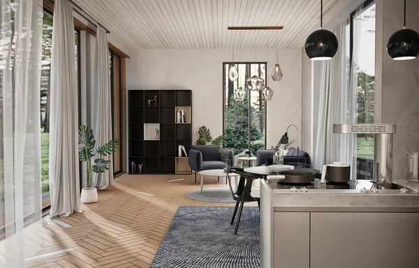 Wizualizacja otwartego salonu z kuchnią, wyspą i lampami wiszącymi